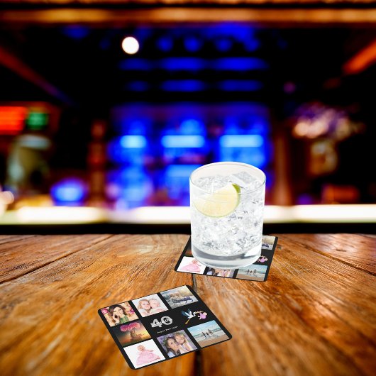 Zwart fotocollage op maat voor 40e verlichtingspar kartonnen onderzetters