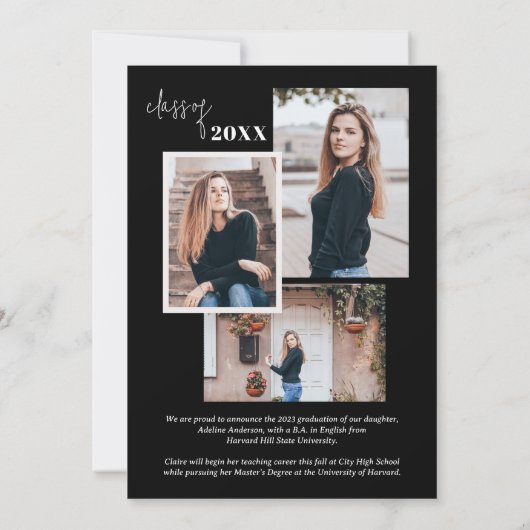 Zwart Fotocollage Stijlvol Script Afstuderen Aankondiging (Achterkant)