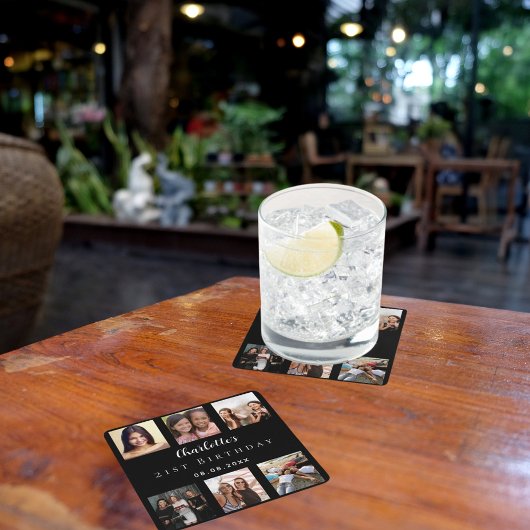 Zwart fotocollage verjaardagsfeestje kartonnen onderzetters