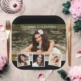 Zwart fotocollage verjaardagsfeestje papieren bordje