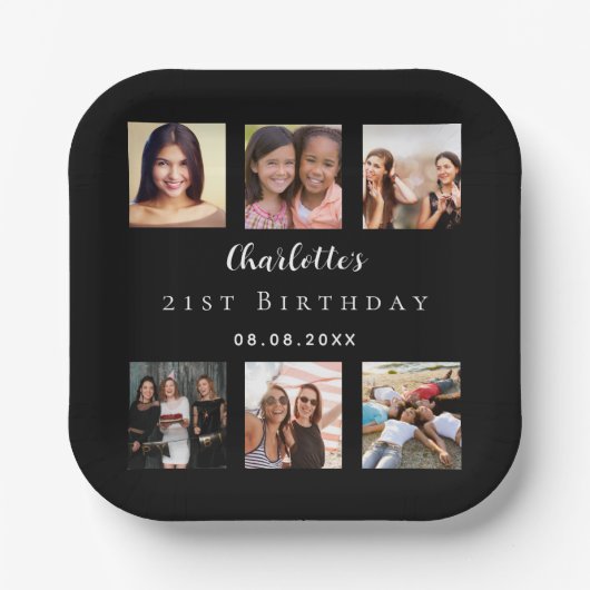 Zwart fotocollage verjaardagsfeestje papieren bordje (Voorkant)