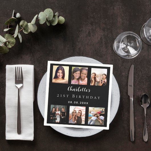 Zwart fotocollage verjaardagsfeestje servet