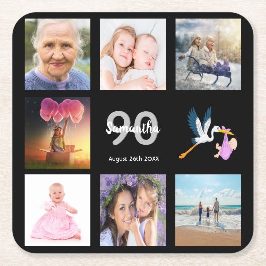 zwart fotocollage voor 90ste verjaardagsfeestje kartonnen onderzetters (Voorkant)