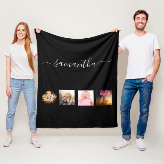 Zwart fotofamiliekollage, naamscript fleece deken (In situ)