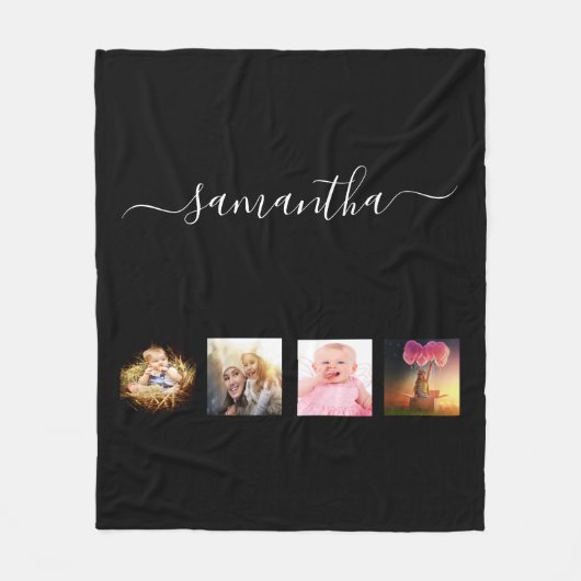 Zwart fotofamiliekollage, naamscript fleece deken (Voorkant)