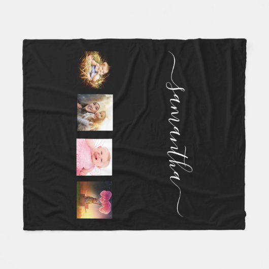 Zwart fotofamiliekollage, naamscript fleece deken (Voorkant (Horizontaal))