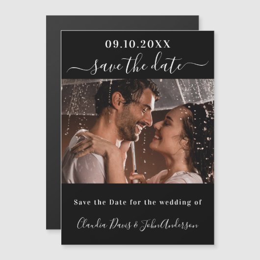Zwart fotoscript bruiloft bewaar de datummagneet (Voorkant / Achterkant)