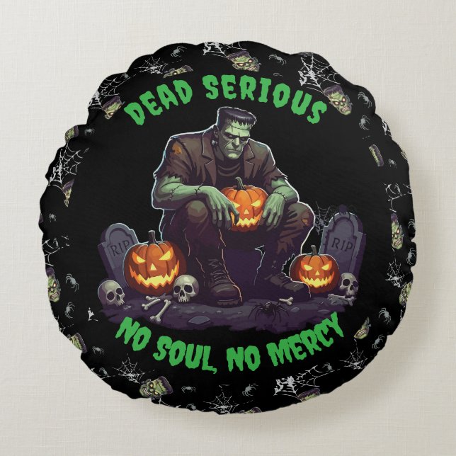 🖤 Zwart Frankenstein Sierkussen 💀🛋️ Rond Kussen (Voorkant)