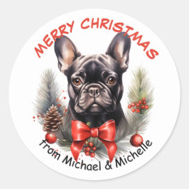 Zwart Frans Bulldog Kerstmis Rode Bow krans Ronde Sticker