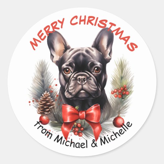 Zwart Frans Bulldog Kerstmis Rode Bow krans Ronde Sticker (Voorkant)