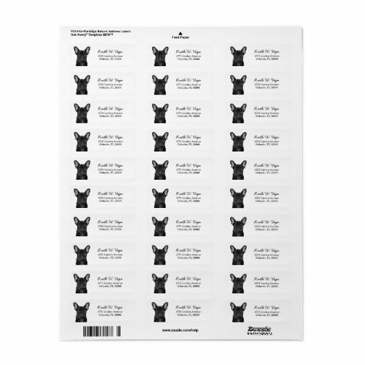 Zwart Frans Bulldog Return-label Etiket (Full Sheet)