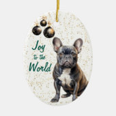 Zwart Frans Bulldog Vreugde aan de Wereld Kerstmis Keramisch Ornament (Voorkant)