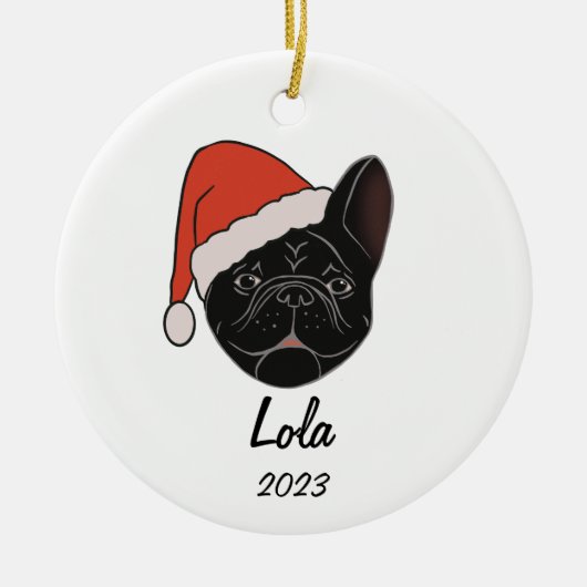 Zwart Frenchie Santa Hat Kerstmis Ornament (Voorkant)