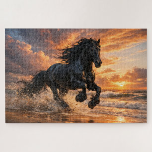 Zwart Friese paard bij zonsondergang, Krachtige st Legpuzzel