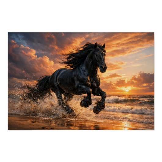 Zwart Friese Paard bij Zonsondergang, Krachtige St Perfect Poster (Voorkant)
