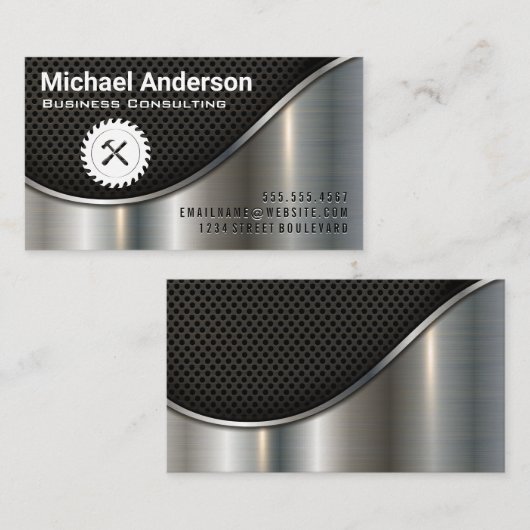 Zwart gaas en metaal | Zaag en hamer Visitekaartje (Voorkant / Achterkant)