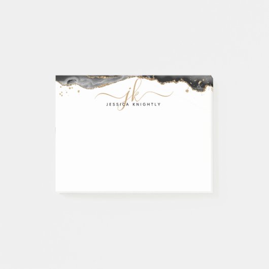 Zwart geanide glitter Script-monogram voor Agate G Post-it® Notes (Voorkant)