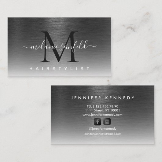 Zwart geborsteld metaal elegant monogram script Mo Visitekaartje (Voorkant / Achterkant)