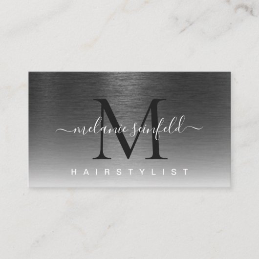 Zwart geborsteld metaal elegant monogram script Mo Visitekaartje (Voorkant)