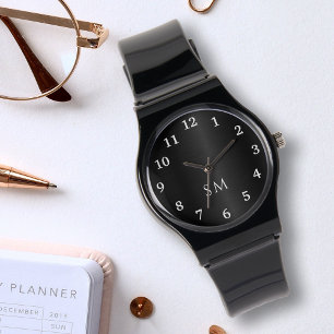 Zwart geborsteld metaal en witte monogram Initiale Horloge