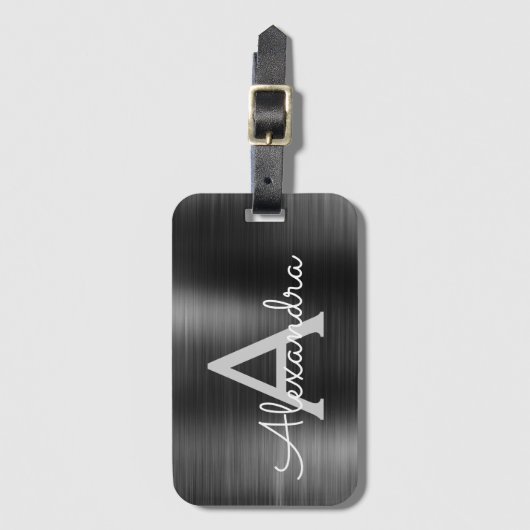 Zwart geborsteld Metaal Monogram Naam en Initiaal Bagagelabel (Voorkant (verticaal))