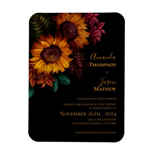 Zwart gebrande Sinaasappel Bloemen bruiloft uitnod Magneet (Verticaal)