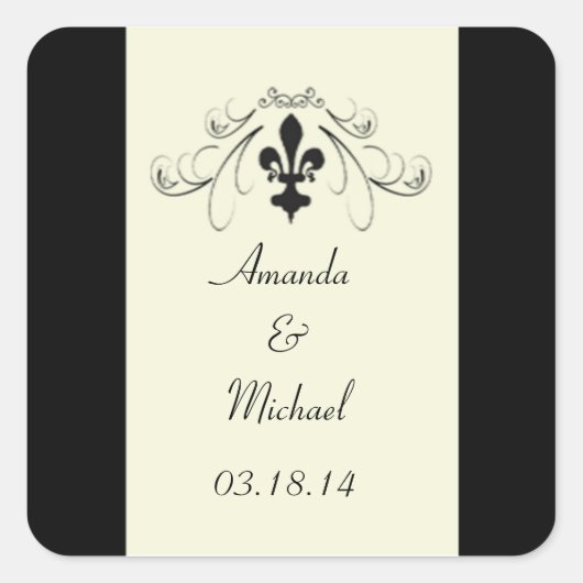 Zwart Gebroken Wit Fleur de Lis Trouwstickers Vierkante Sticker (Voorkant)