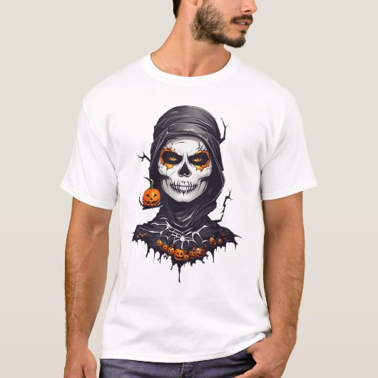 Zwart gecamoufleerd skelet Halloween AI Art T-shirt (Voorkant)