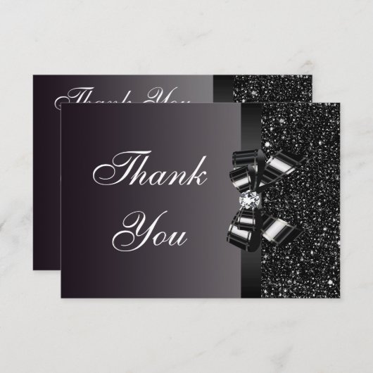 Zwart gedrukte Sequins Bow & Diamond Hartelijk dan Bedankkaart (Voorkant / Achterkant)