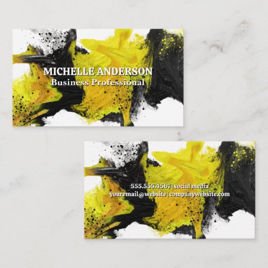 Zwart geel Abstract expressief verf Visitekaartje (Voorkant / Achterkant)