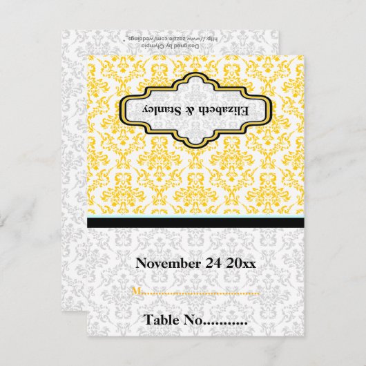 Zwart geel aqua damast bruiloft aangepaste plaatsk kaart (Voorkant / Achterkant)