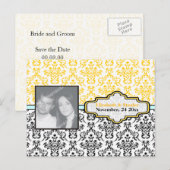 Zwart geel aqua damast bruiloft Save the Date Aankondigingskaart (Voorkant / Achterkant)