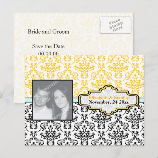 Zwart geel aqua damast bruiloft Save the Date Aankondigingskaart (Voorkant / Achterkant)