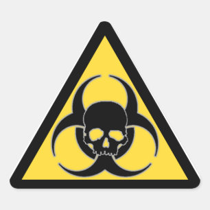 Zwart-geel biohazard-symbool en schedel sticker
