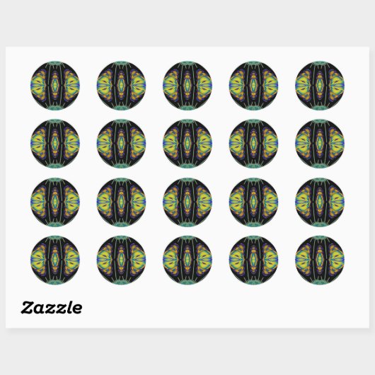 ~  Zwart Geel Blauw en Groen Fractal ~ Ronde Sticker (Vel)