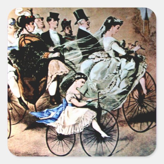 ZWART GEEL BLAUW FIETS BRUILOFT PARTIJ VIERKANTE STICKER (Voorkant)