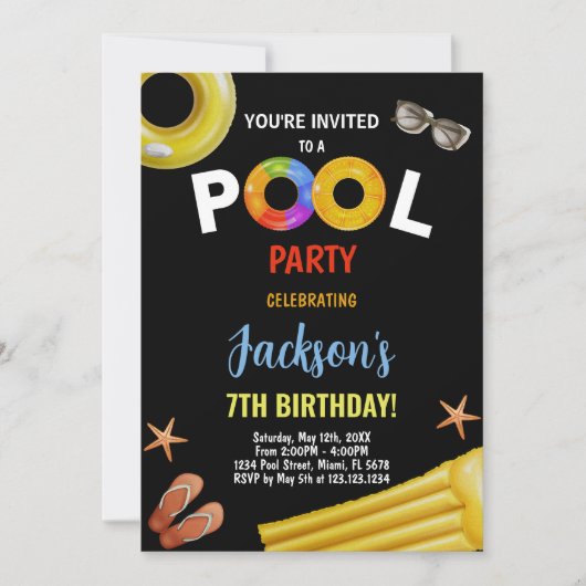 Zwart Geel Blauw Zwembad Verjaardag Uitnodigingen (Voorkant)