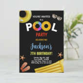 Zwart Geel Blauw Zwembad Verjaardag Uitnodigingen (Staand voorkant)