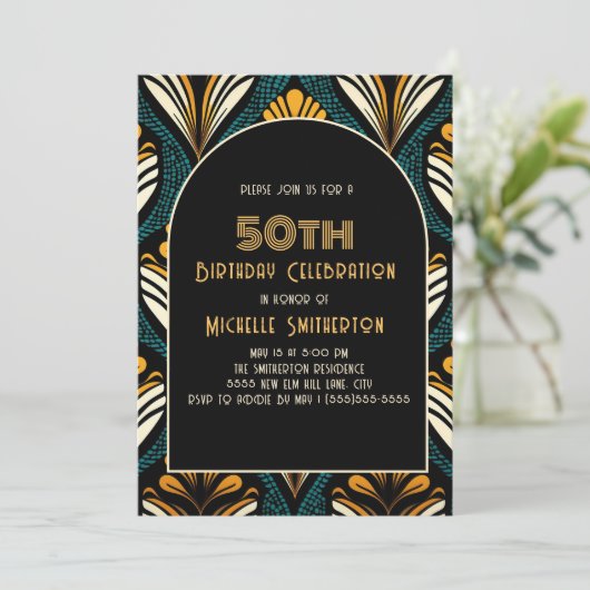 Zwart Geel Blauwgroen Art Deco Arch 50e Verjaardag Kaart (Staand voorkant)