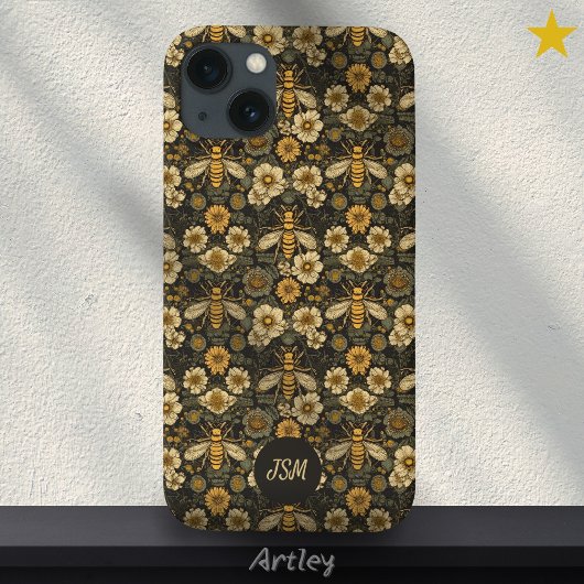 Zwart Geel Bloempatroon Bijen Initialen Case-Mate iPhone Case