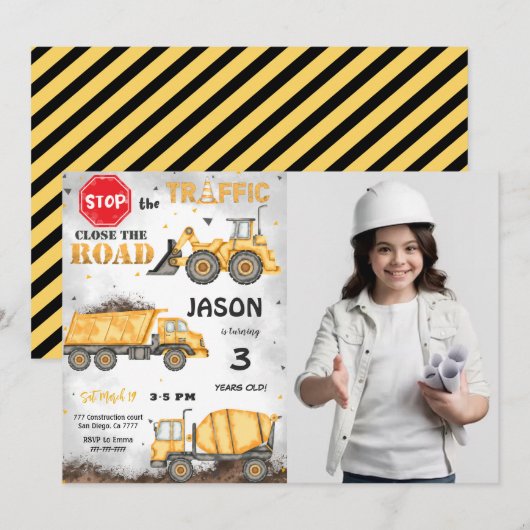 Zwart & Geel Bouw Foto uitnodiging (Voorkant / Achterkant)