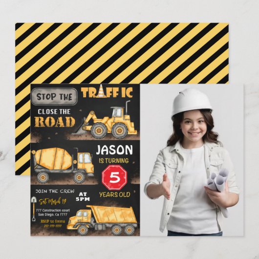 Zwart & Geel Bouw Foto uitnodiging (Voorkant / Achterkant)