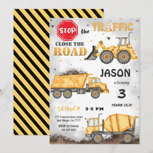 Zwart & Geel Bouw Verjaardag Uitnodiging (Voorkant / Achterkant)