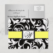 Zwart & Geel Damast Wedding Save the Dates Aankondigingskaart (Voorkant / Achterkant)