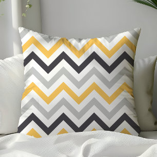 Zwart Geel en Grijs Zigzag Chevron Patroon Kussen