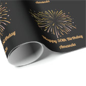 Zwart geel Fireworks Birthday Wrapping Paper Cadeaupapier (Rol Hoek)