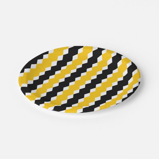 Zwart & Geel Geometrisch Funky Modern Patroon Papieren Bordje (Gekanteld)