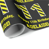 Zwart & Geel Gestreept "11"; 11e Verjaardag + Naam Cadeaupapier (Rol Hoek)