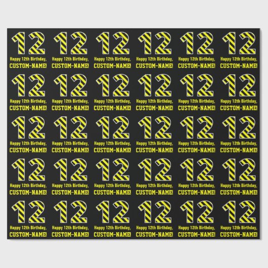 Zwart & geel gestreept "12"; 12e verjaardag + naam cadeaupapier (Vlak)