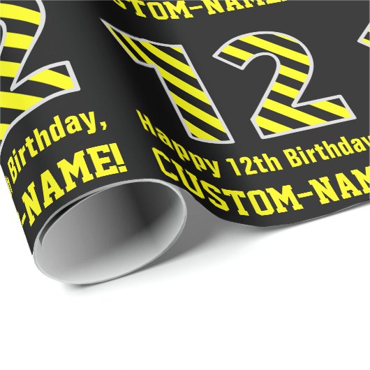 Zwart & geel gestreept "12"; 12e verjaardag + naam cadeaupapier (Rol Hoek)